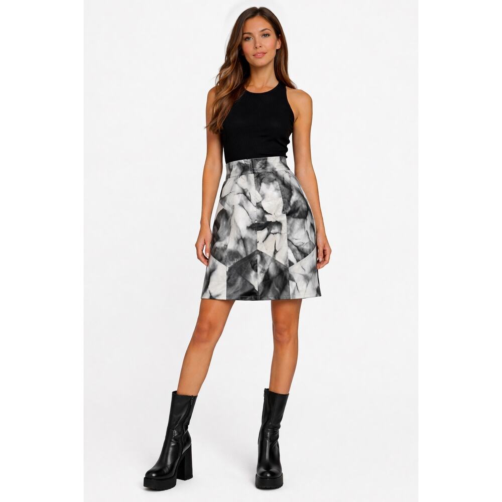 1980s Black White Leather Patchwork A-Line Skirt Medium